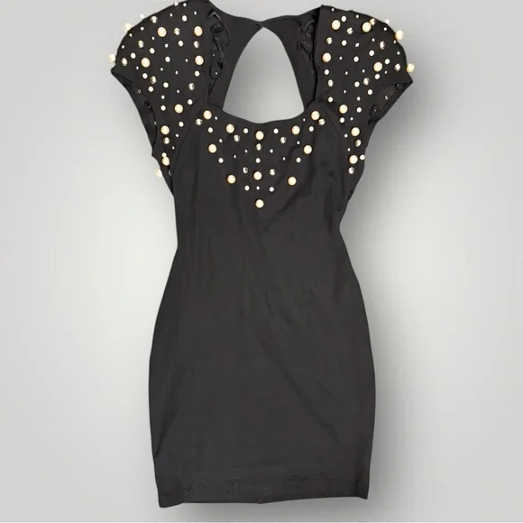 Vintage 1980s Eletra Casadei Pearl & Rhinestone Mini Black Dress -  Size Medium - Picture 2 of 10